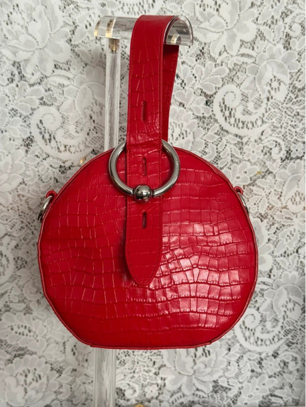 Rebecca Minkoff Red Croc Embossed Circle Bag Convertible Crossbody